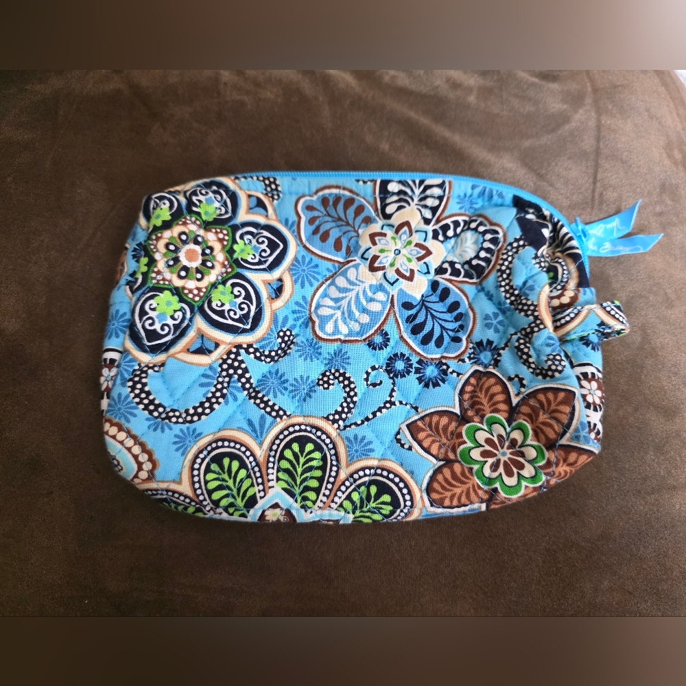 Quilted Floral Zip Pouch in Turquoise, Brown & Green